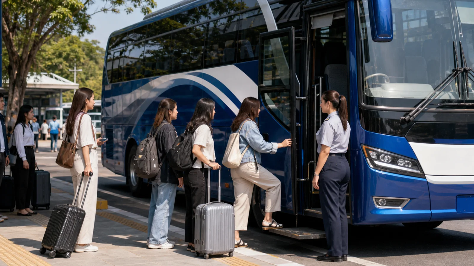 Penumpang dengan bagasi mengantre untuk naik bus antarkota di terminal regional.