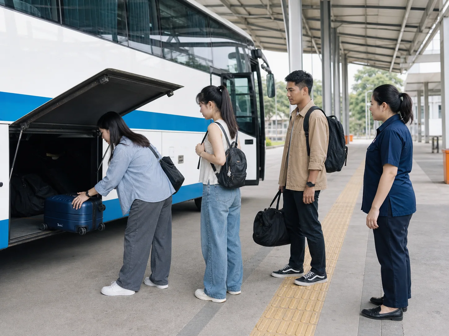 Tiga penumpang menyimpan satu koper sambil menjaga jalur naik tetap bebas hambatan.