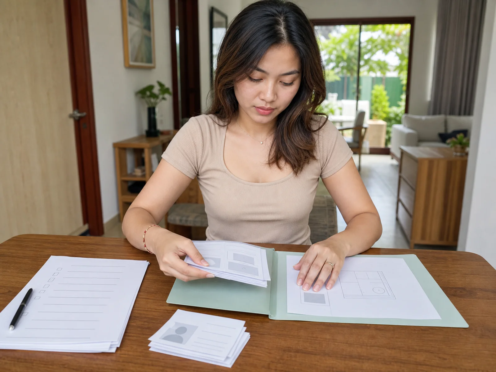 Resident organizing forms and document copies into a service folder.