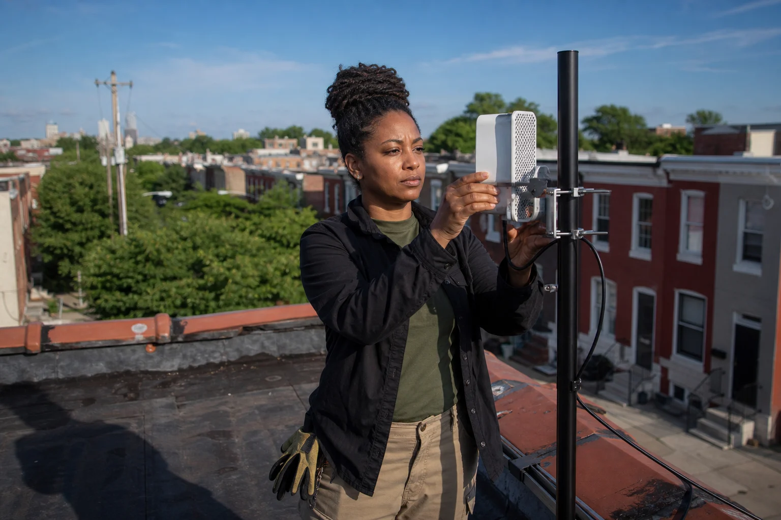 Koordinator koperasi Black mengatur radio jaringan ringkas di atap rumah deret Baltimore.