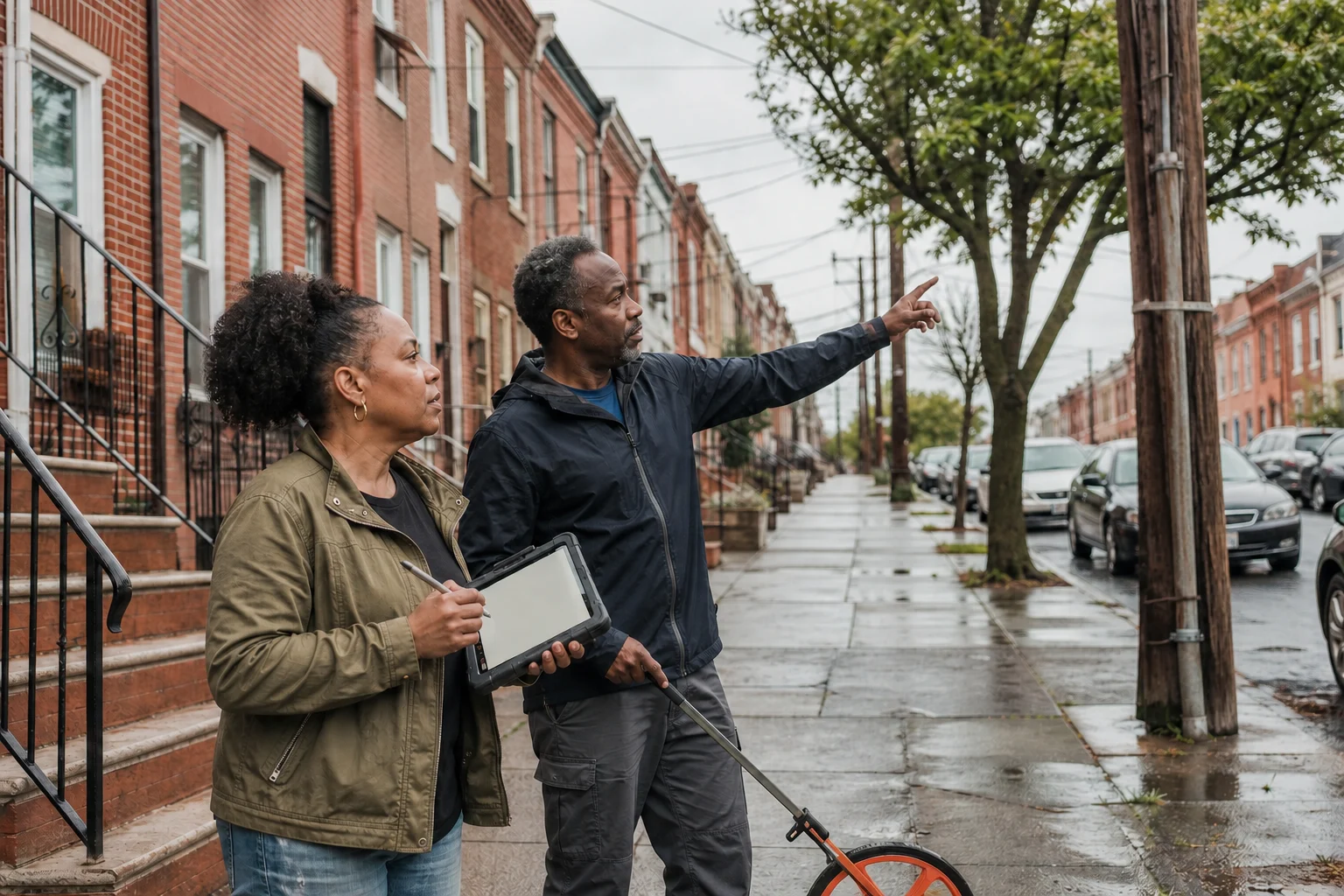 Dua pengurus lapangan Black memetakan rute utilitas di deretan rumah Baltimore setelah hujan.