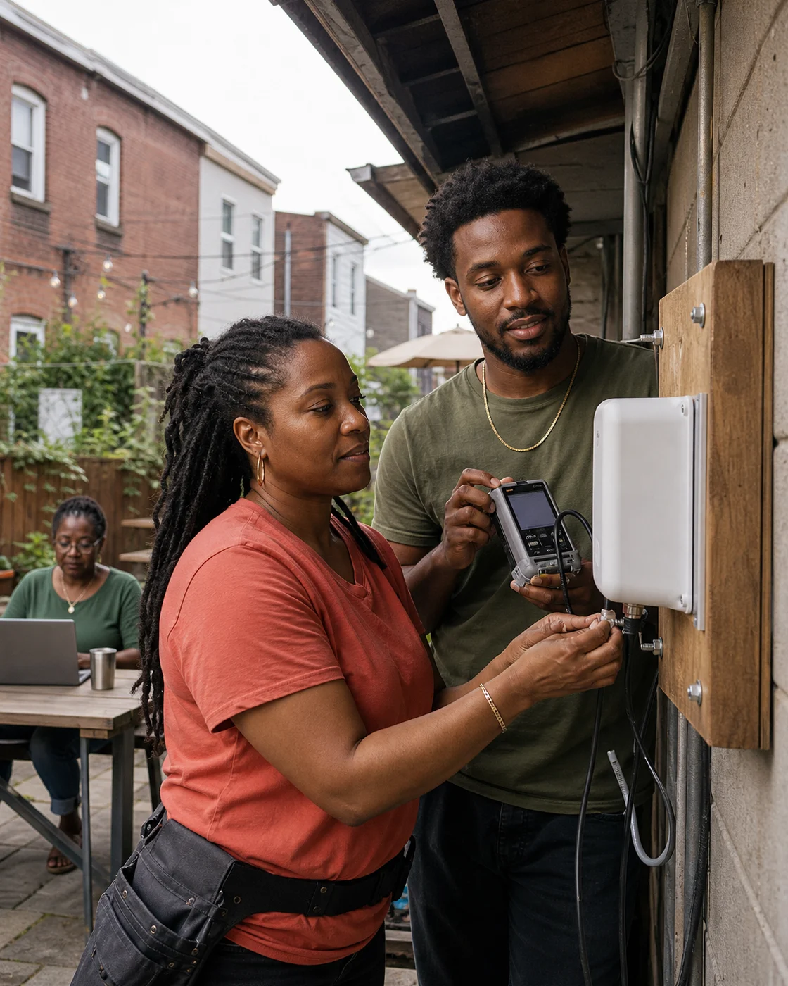 Dua anggota Black memeriksa relai jaringan pada dudukan buatan mereka di halaman bersama Baltimore.