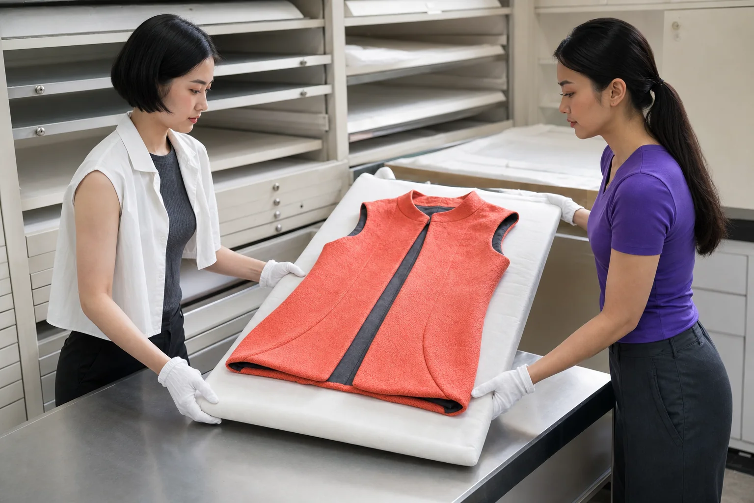 Dua konservator memindahkan mantel tanpa lengan koral di atas penyangga empuk.