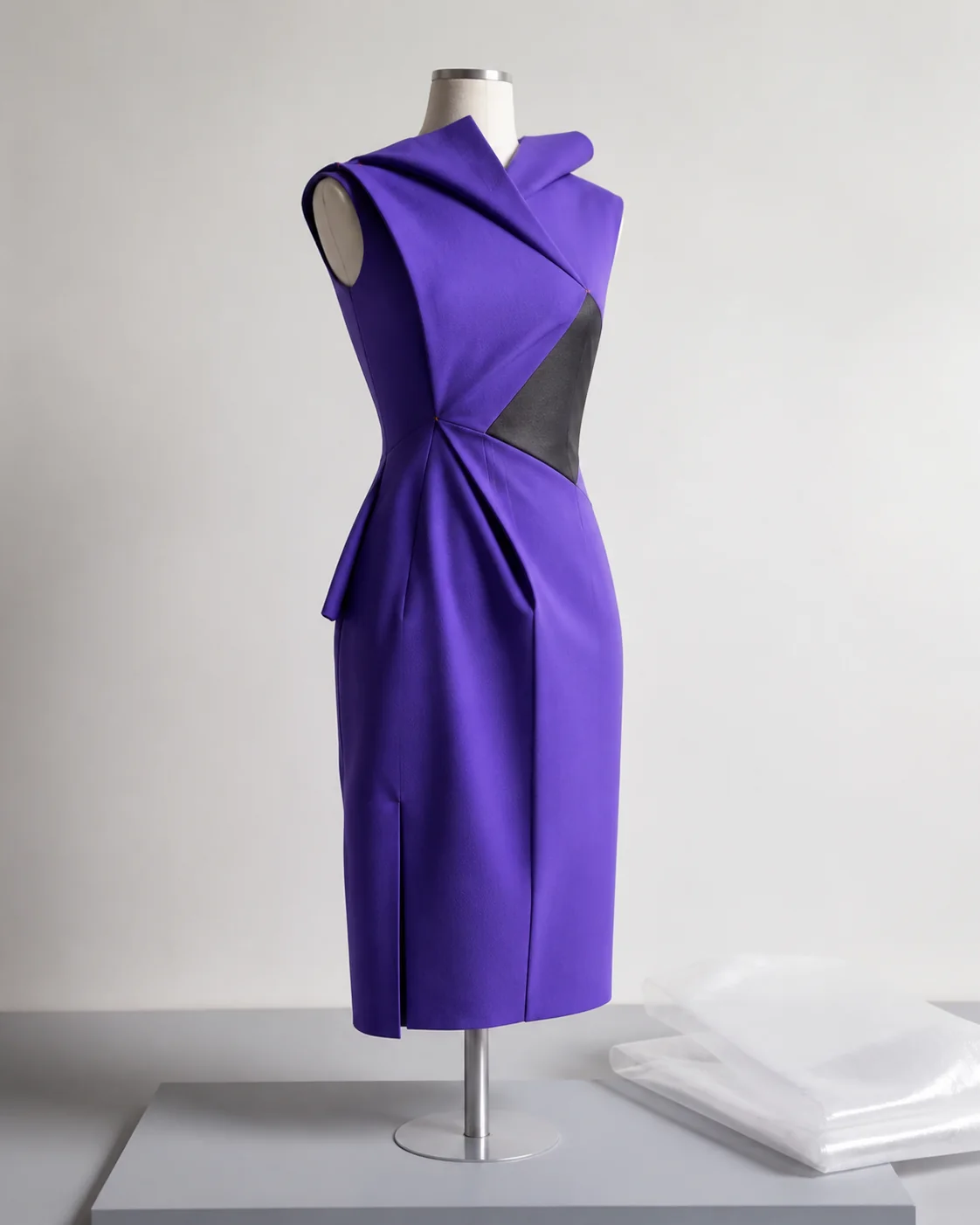 Gaun tanpa lengan violet dengan bahu berlipat asimetris pada manekin konservasi.