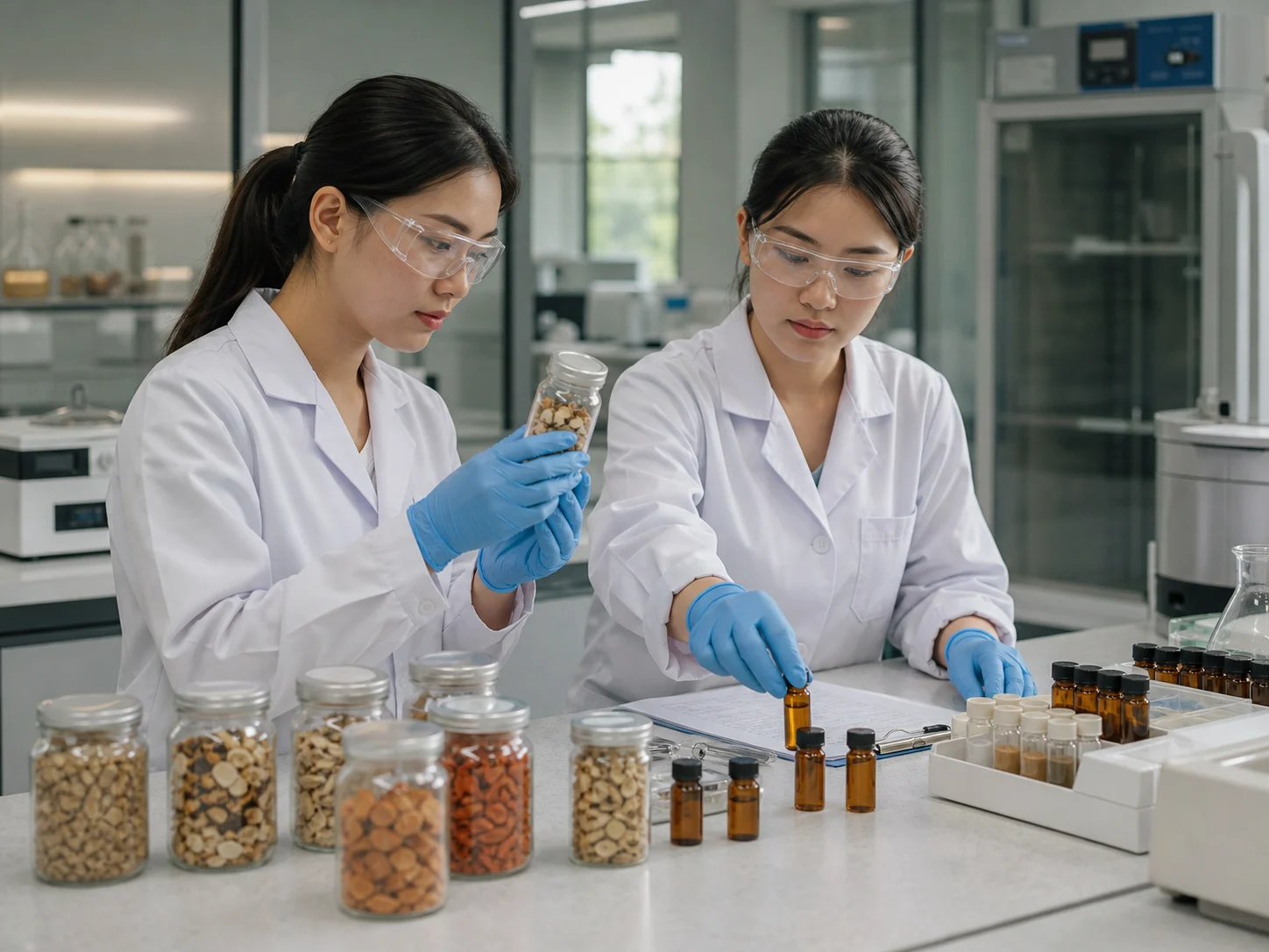 Two analysts arrange botanical vials and inspect samples at an ingredient laboratory bench.