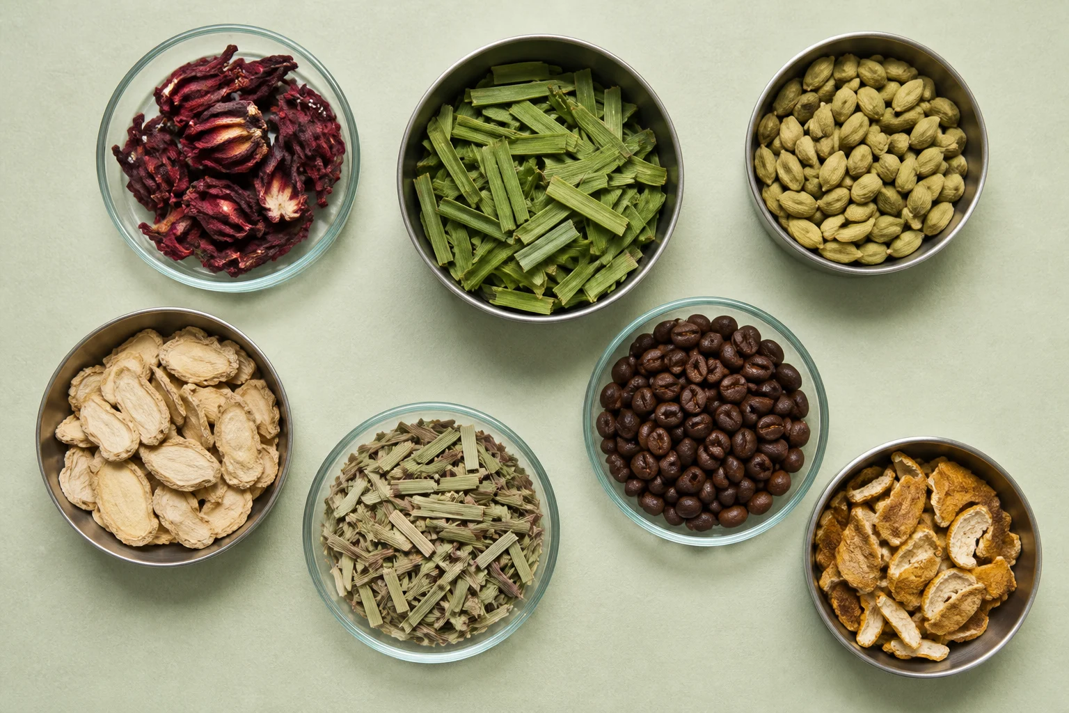 Roselle, pandan, cardamom, ginger, lemongrass, coffee, and citrus peel in unlabelled inspection dishes.
