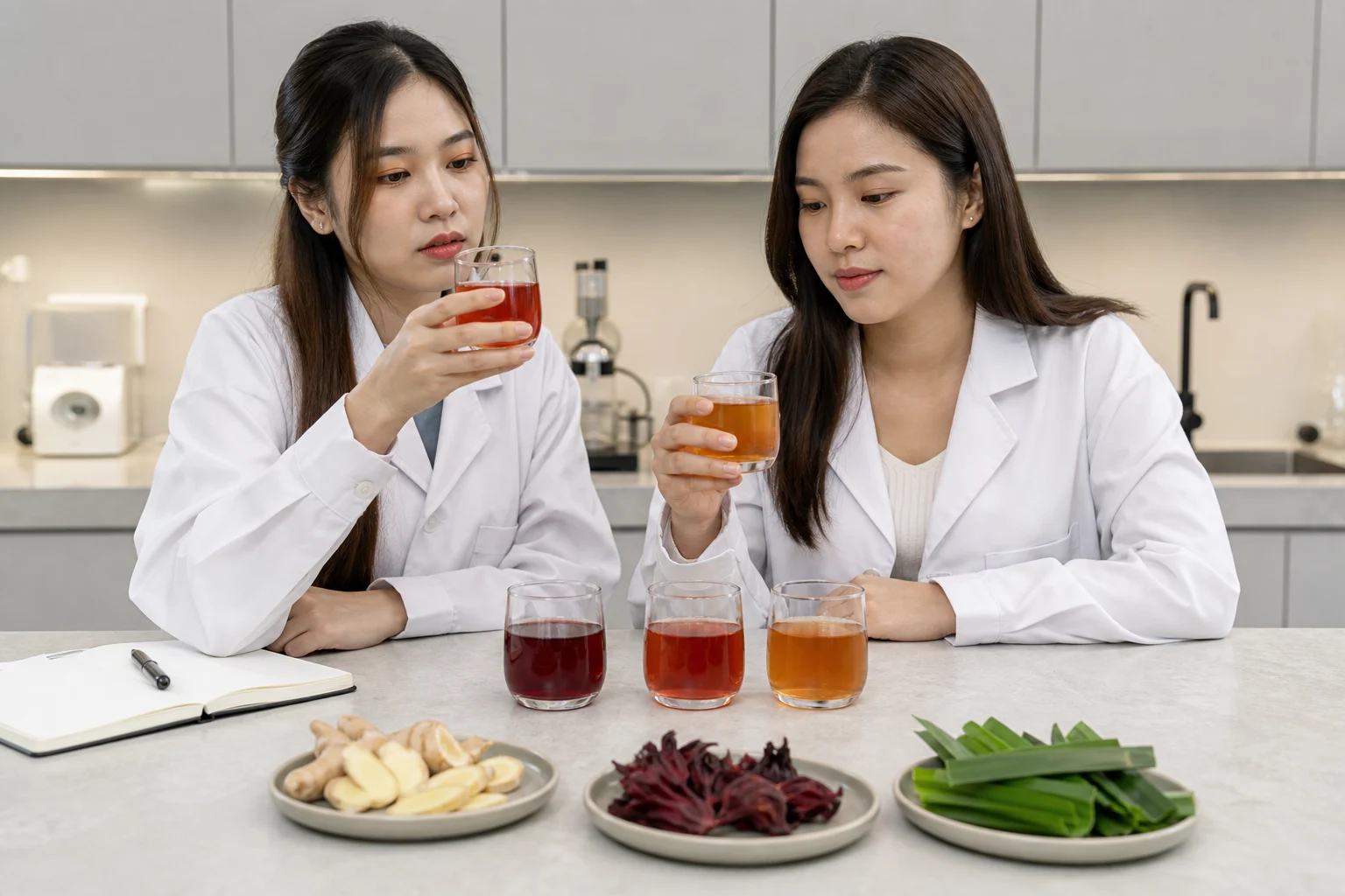 Two developers compare botanical beverage prototypes and ingredients at an application bench.