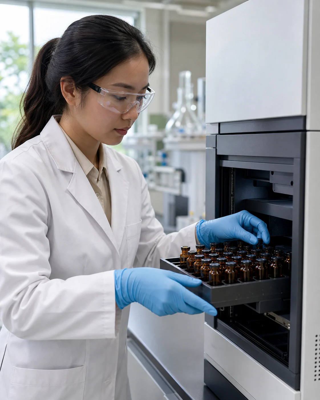 An analyst loads unlabelled botanical extract vials into a laboratory instrument.