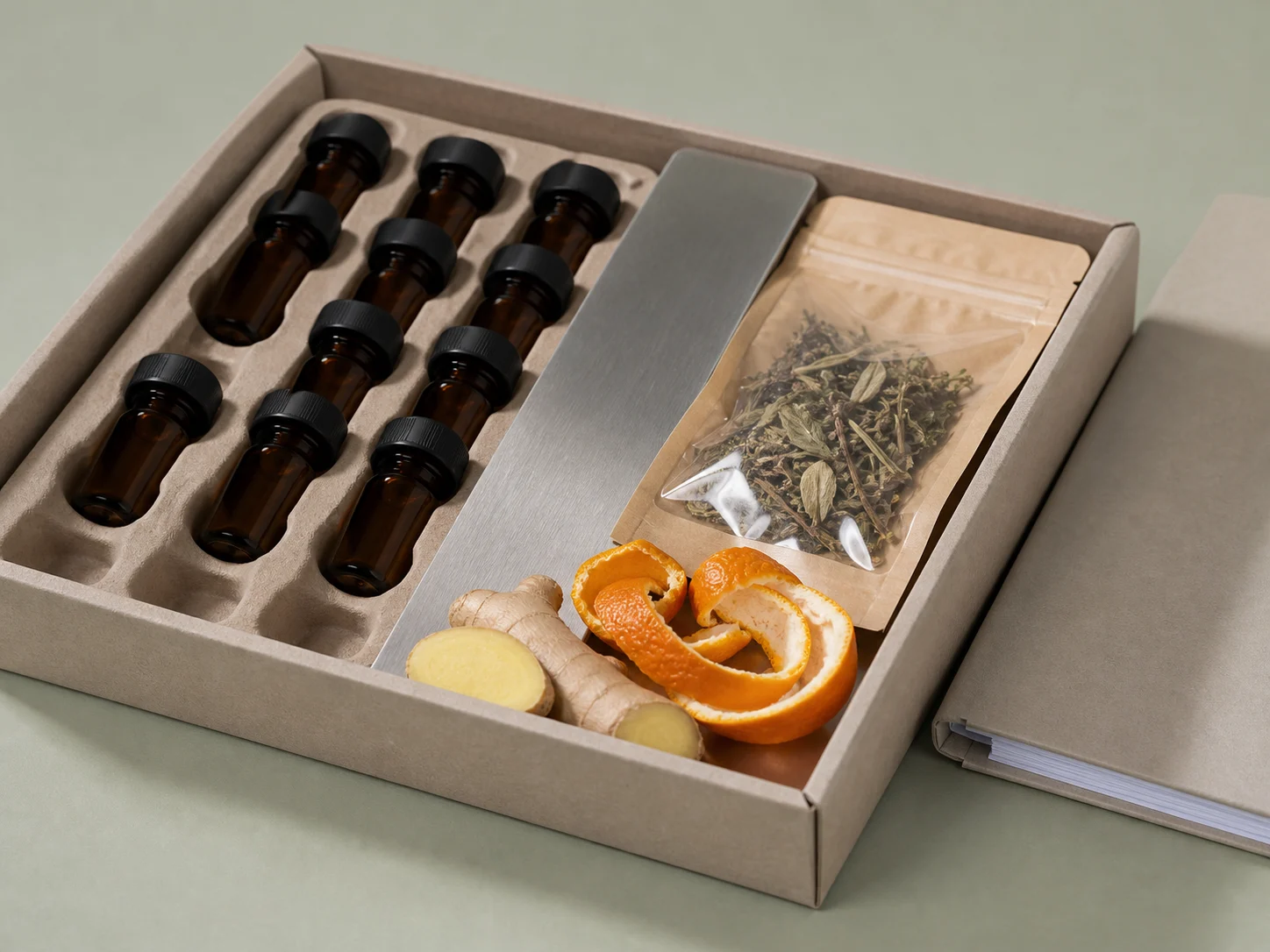 A reference vial tray, botanical sample pouch, and plain report folder prepared for handover.