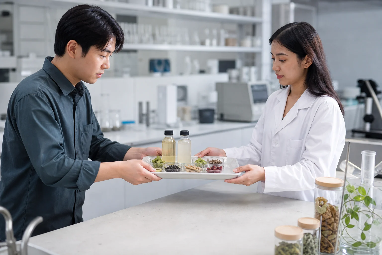Two specialists hand over a reference sample tray at an ingredient laboratory table.