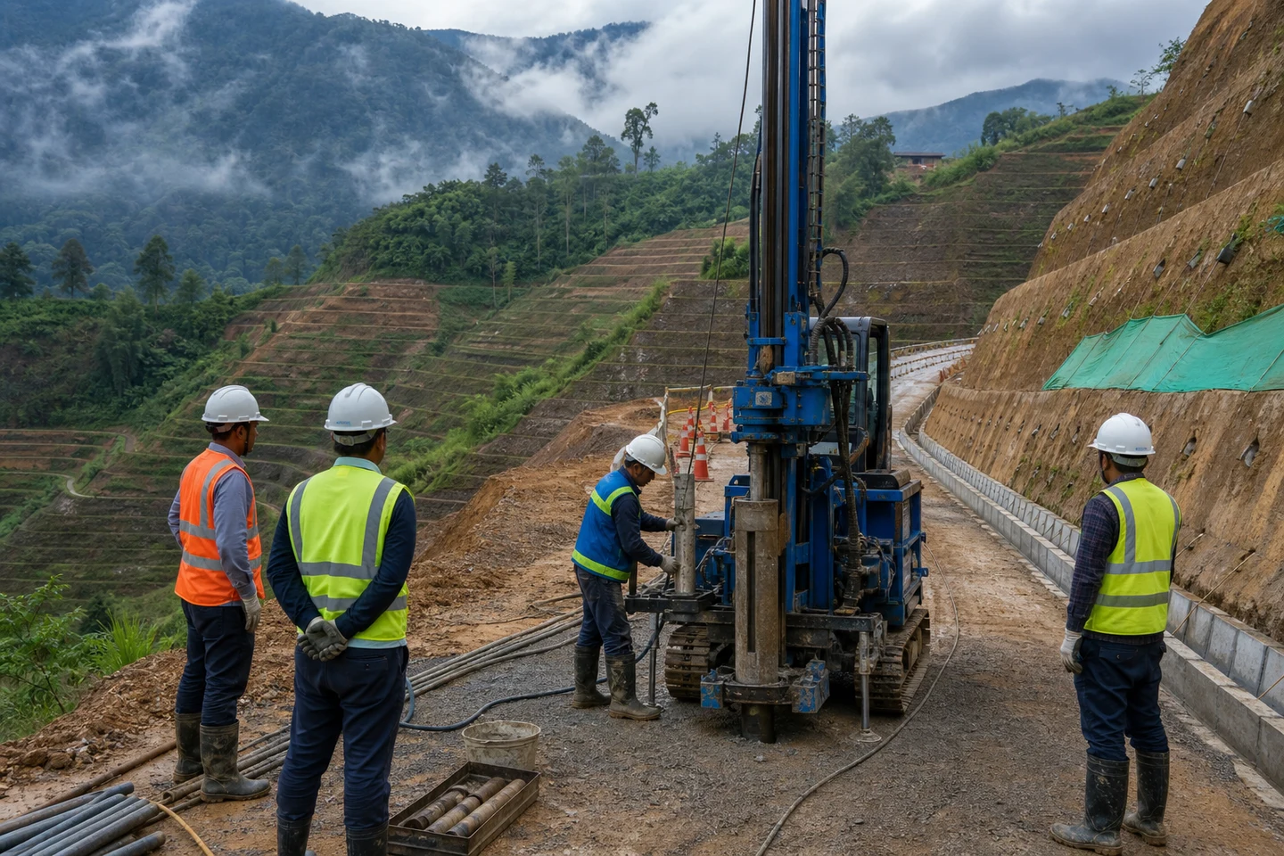 Rig geoteknik dan tim lapangan terlindungi di koridor jalan pegunungan bertingkat.