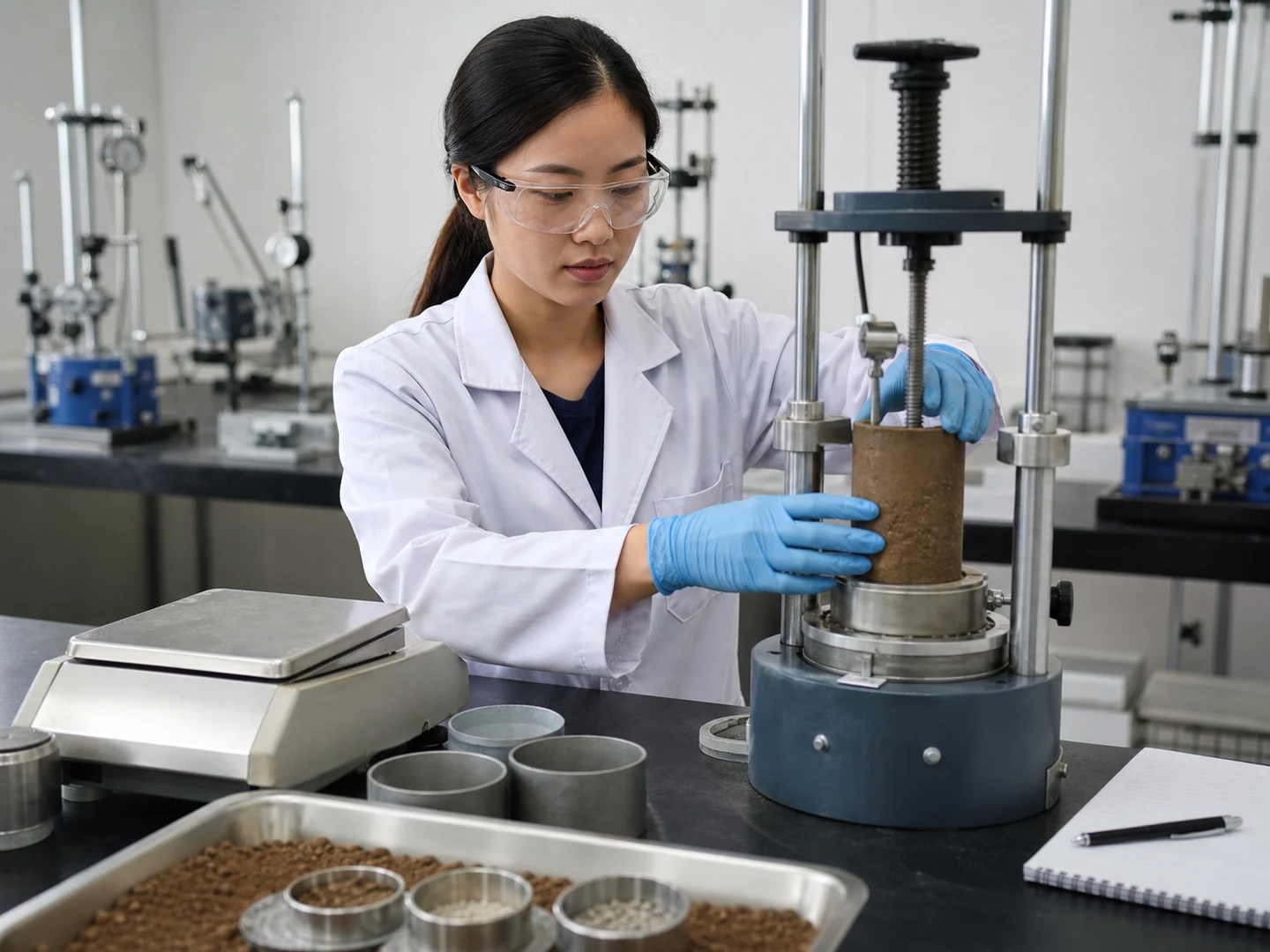 Teknisi laboratorium memasukkan spesimen tanah utuh ke alat konsolidasi.