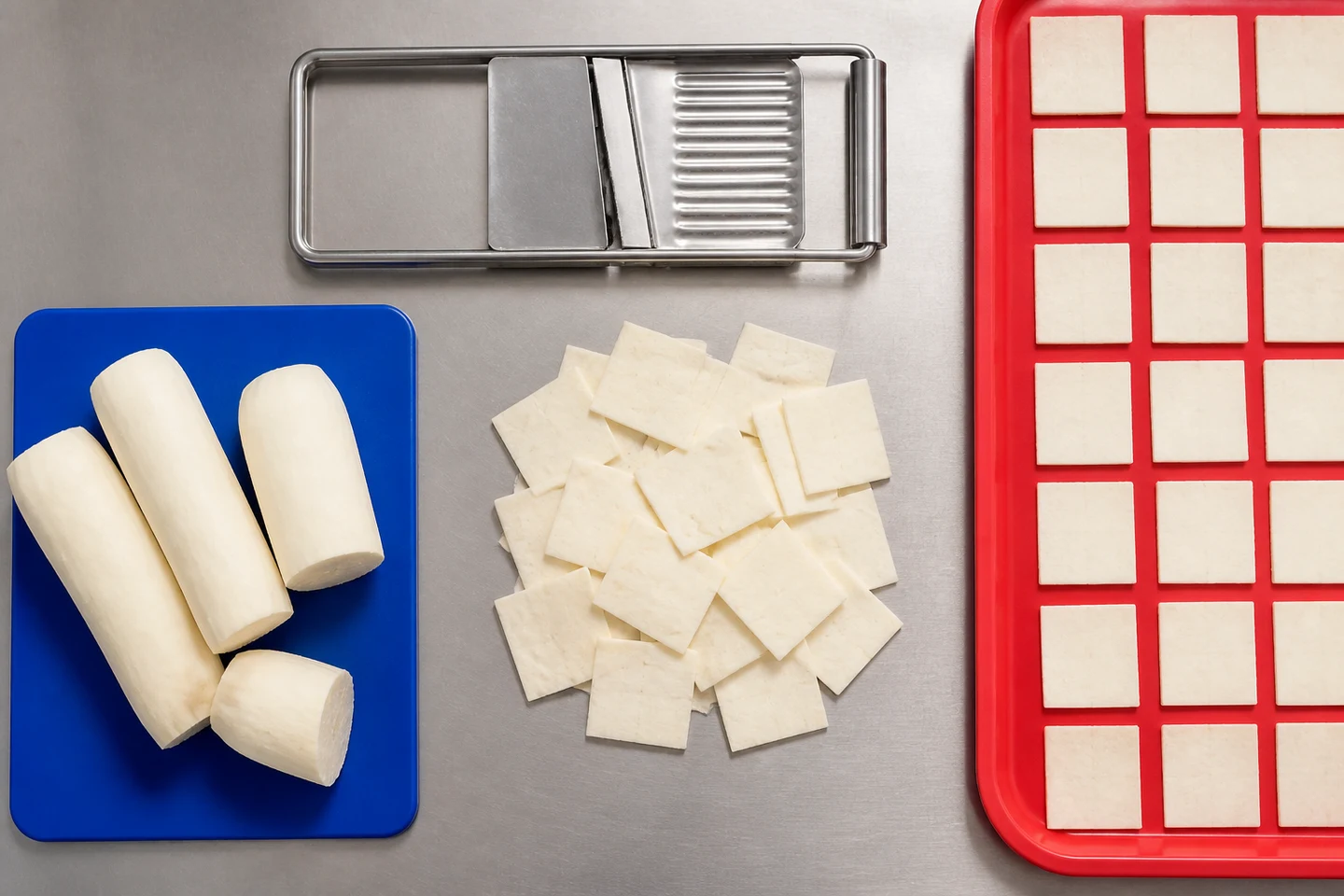 Peeled cassava, square cassava slices, a slicer, and a coral tray on a clean production surface.