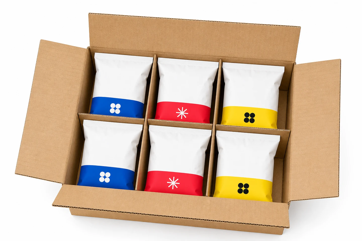 Open corrugated carton with exactly six Bite Block packs, two of each flavor.