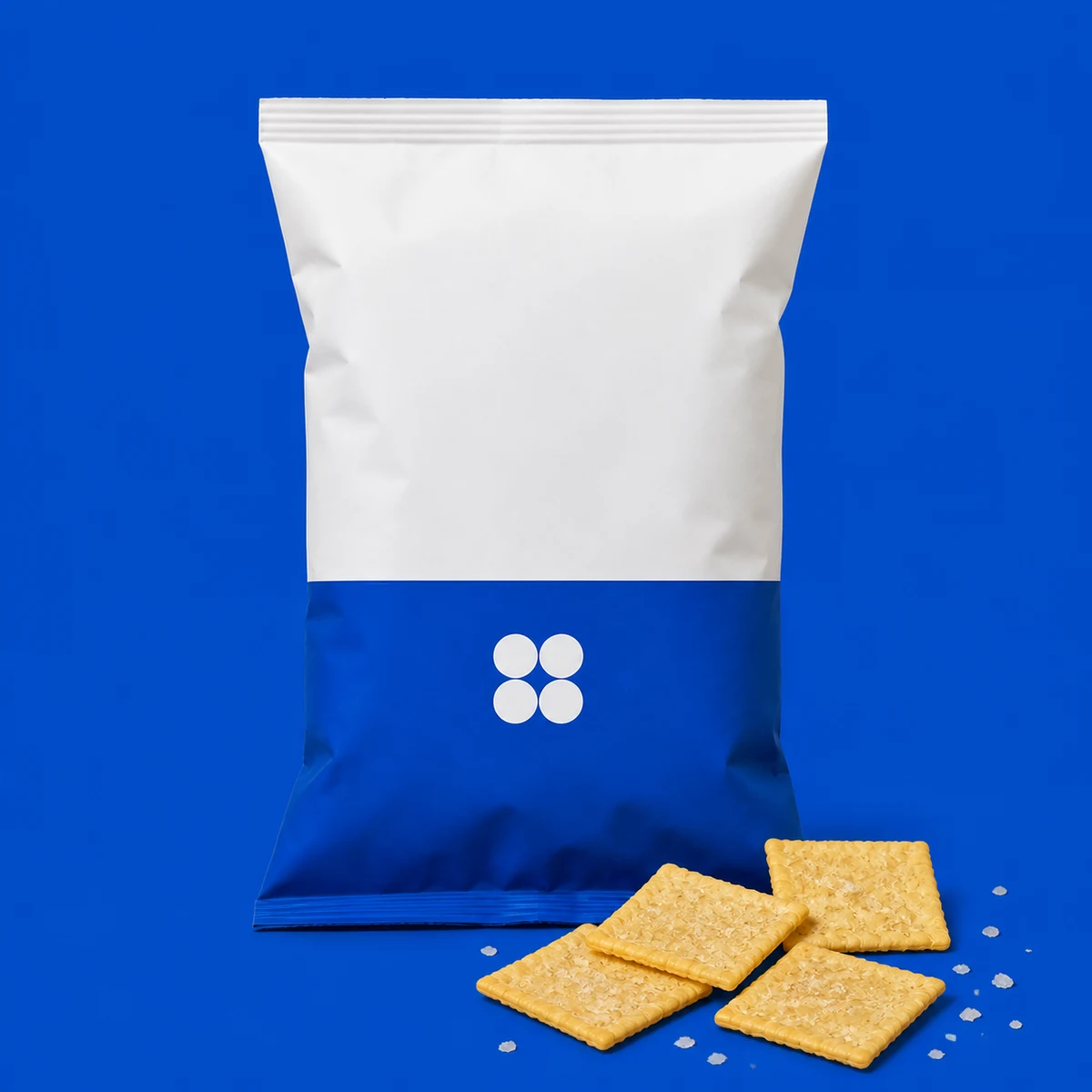 Text-free blue Bite Block Sea Salt pack with four square cassava crisps and sea salt.