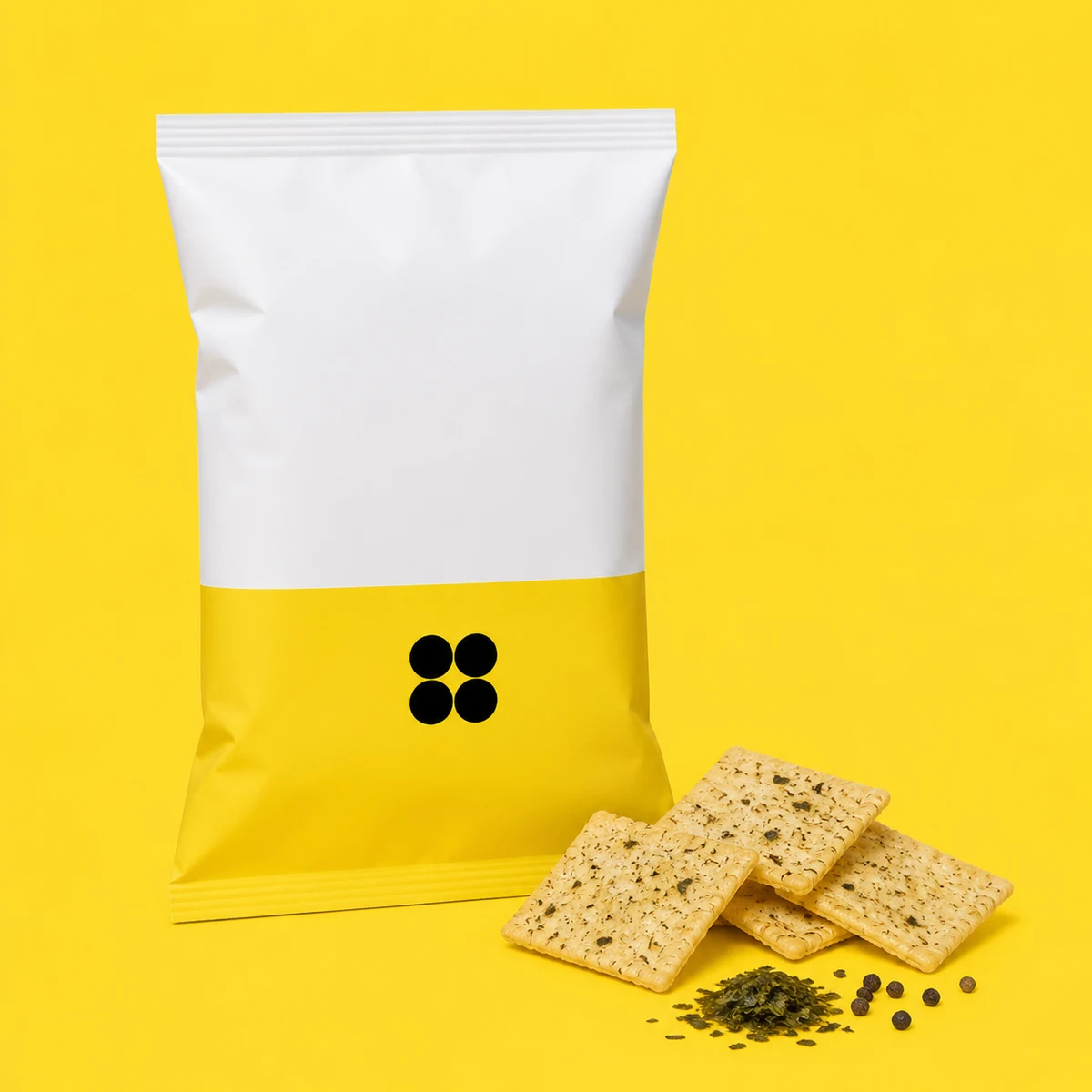 Text-free yellow Bite Block Seaweed Pepper pack with square crisps, seaweed, and black pepper.