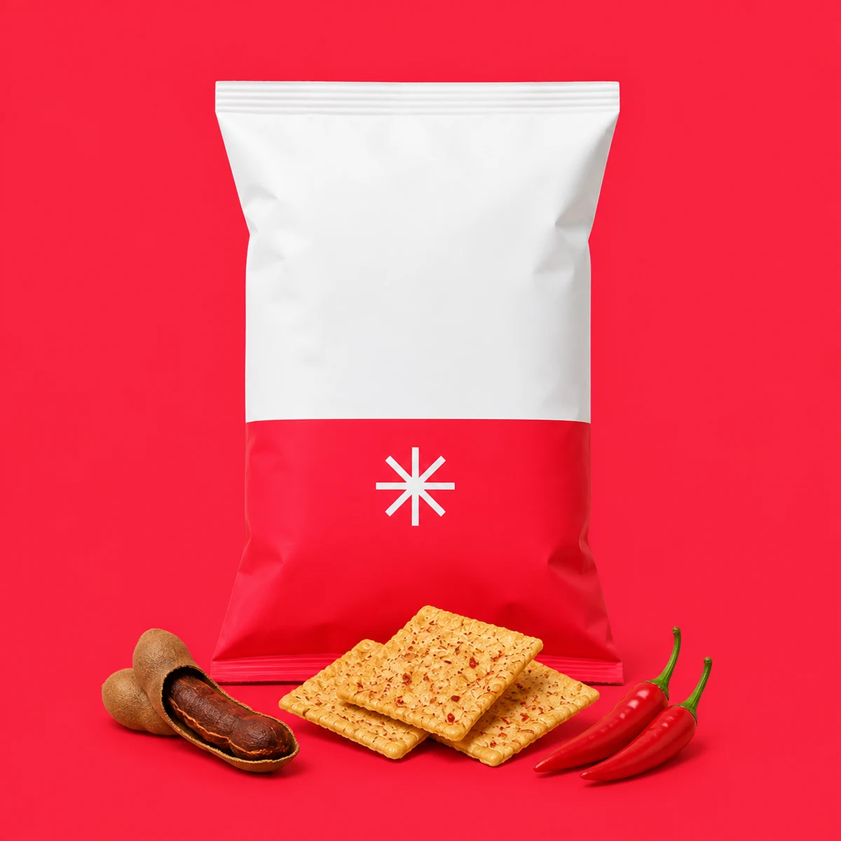 Text-free coral Bite Block Tamarind Chili pack with square crisps, tamarind, and red chilies.