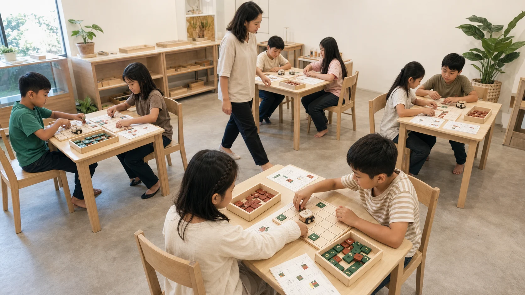 Four groups of children use Bit Batu sets in a learning studio while a facilitator moves between them.