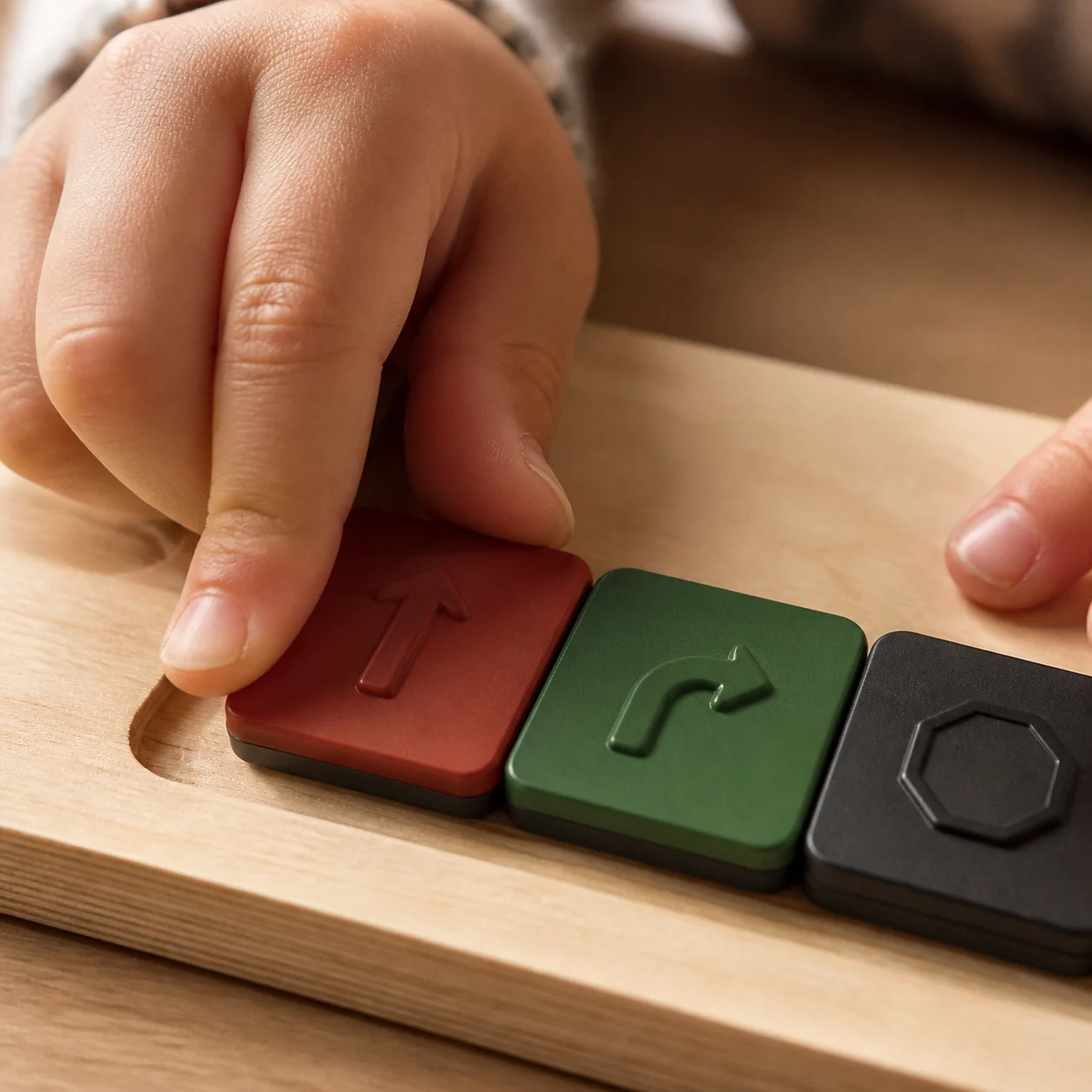 A child's fingers press a command tile into a groove on the wooden board.