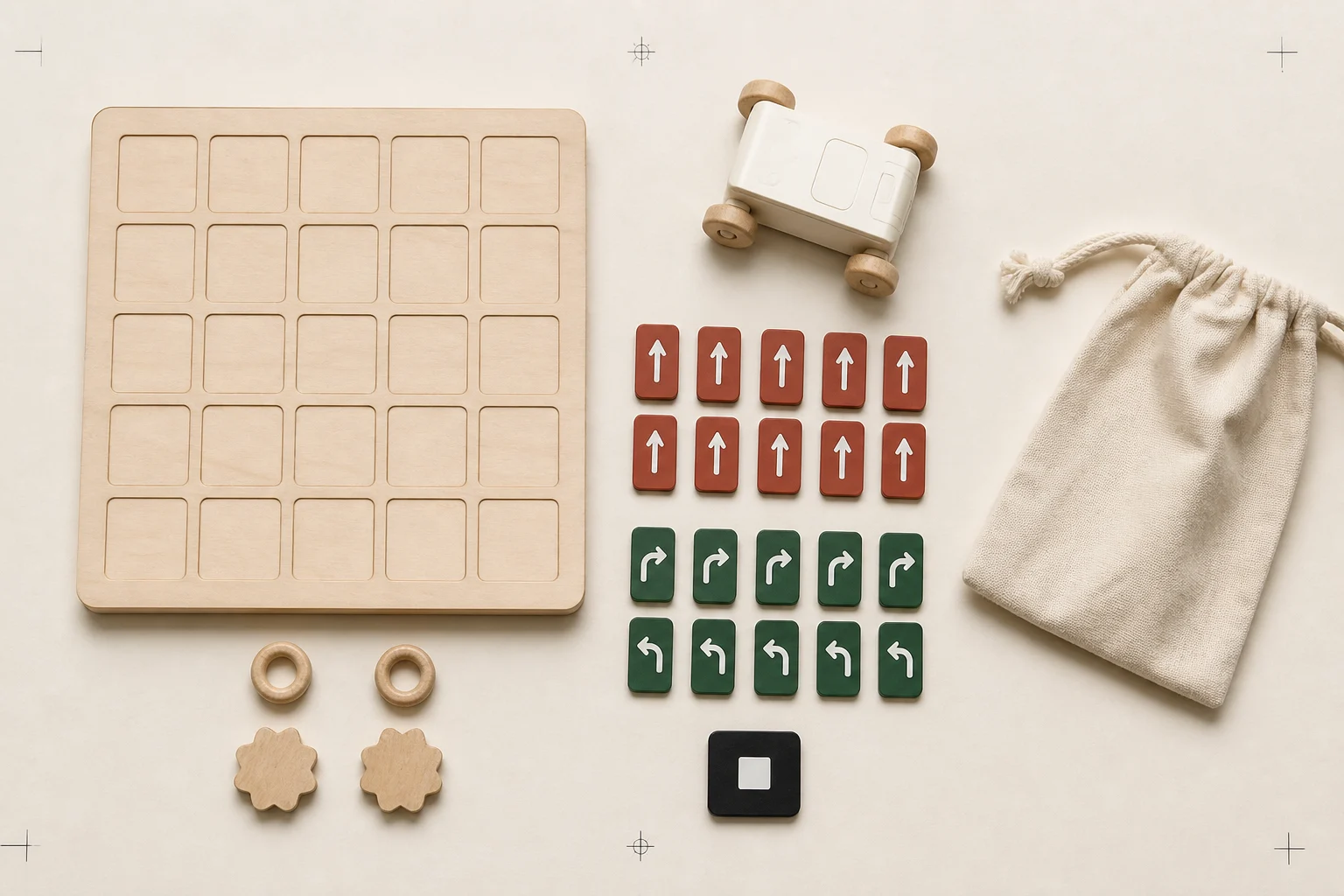 The board, rover, command tiles, goals, and kit pouch are separated on warm paper.
