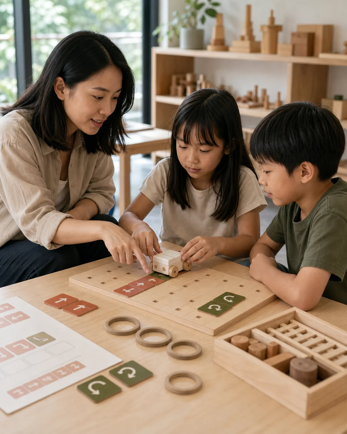 A young facilitator watches two children test a rover on a wooden board.