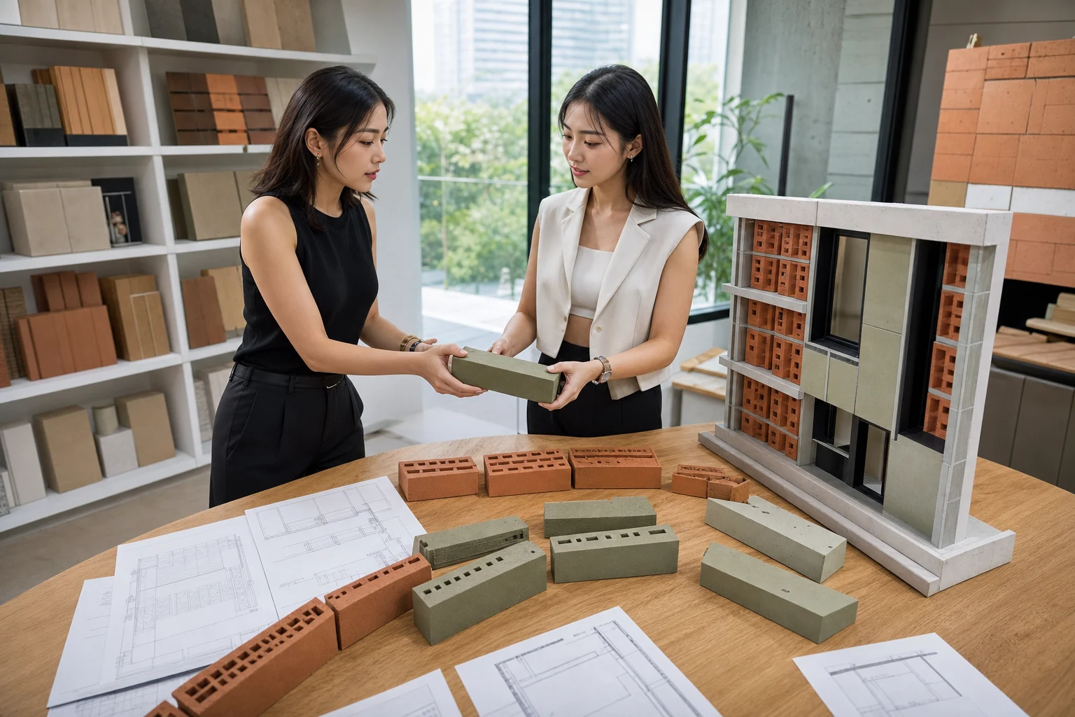 Dua perancang proyek membandingkan sampel masonry ukuran penuh dengan model fasad dan gambar detail.