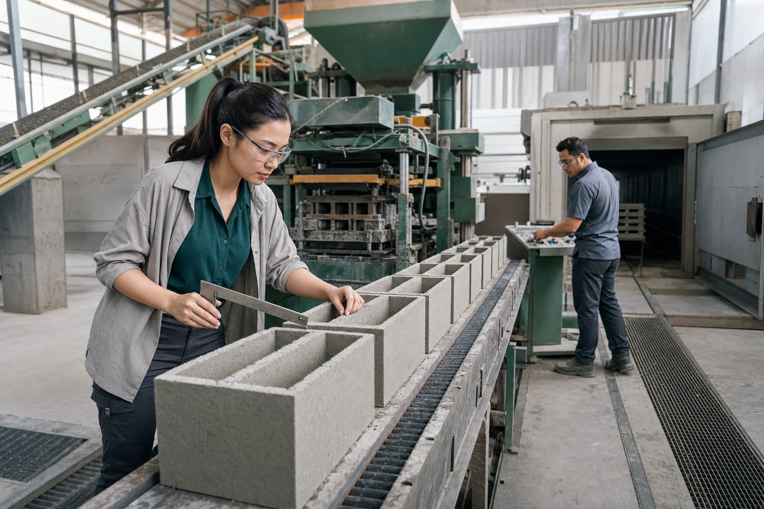 Insinyur produksi memeriksa unit masonry yang baru dibentuk menuju ruang curing.