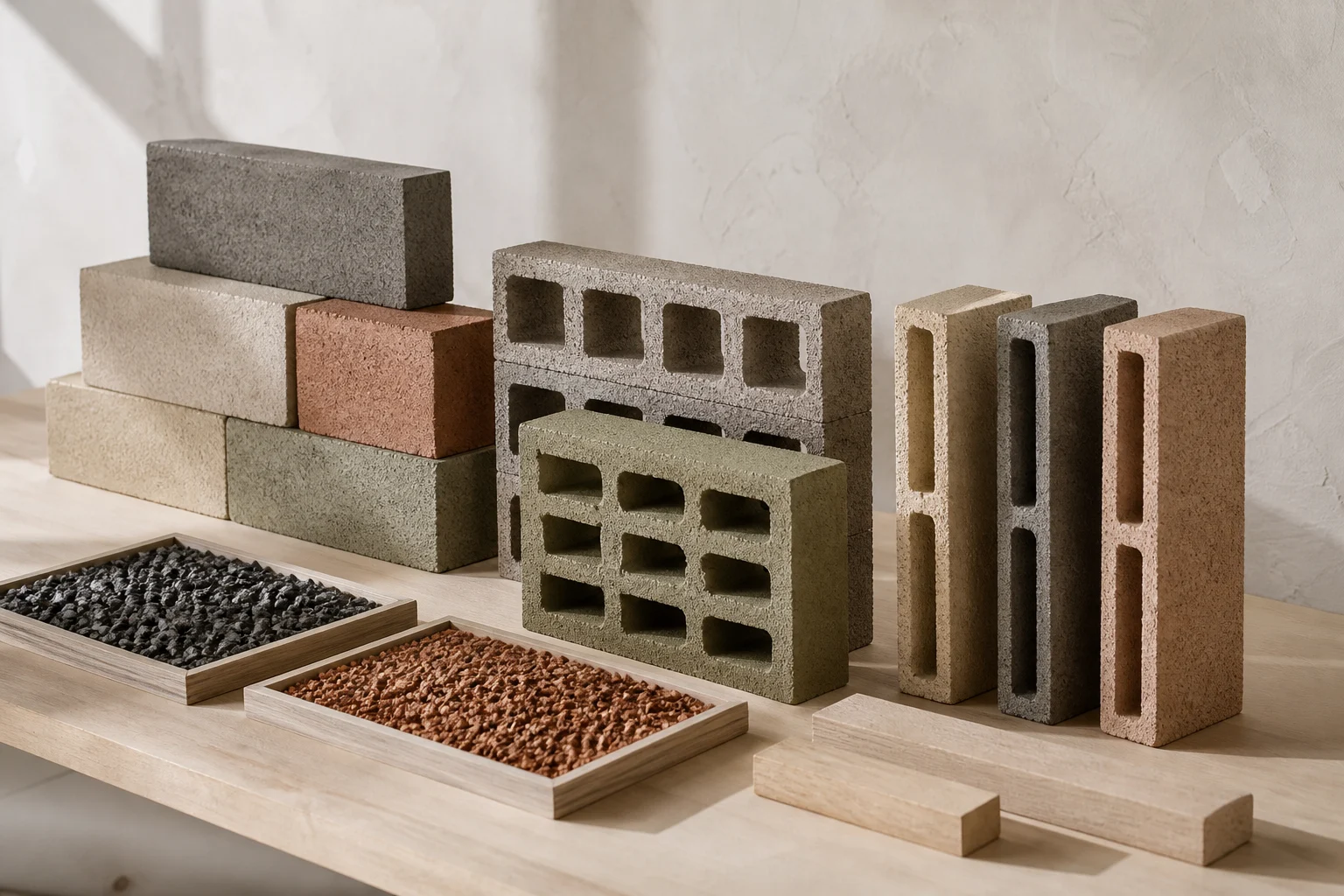 Keluarga masonry padat, berlubang, dan penyaring ditampilkan bersama sampel agregat mineral.