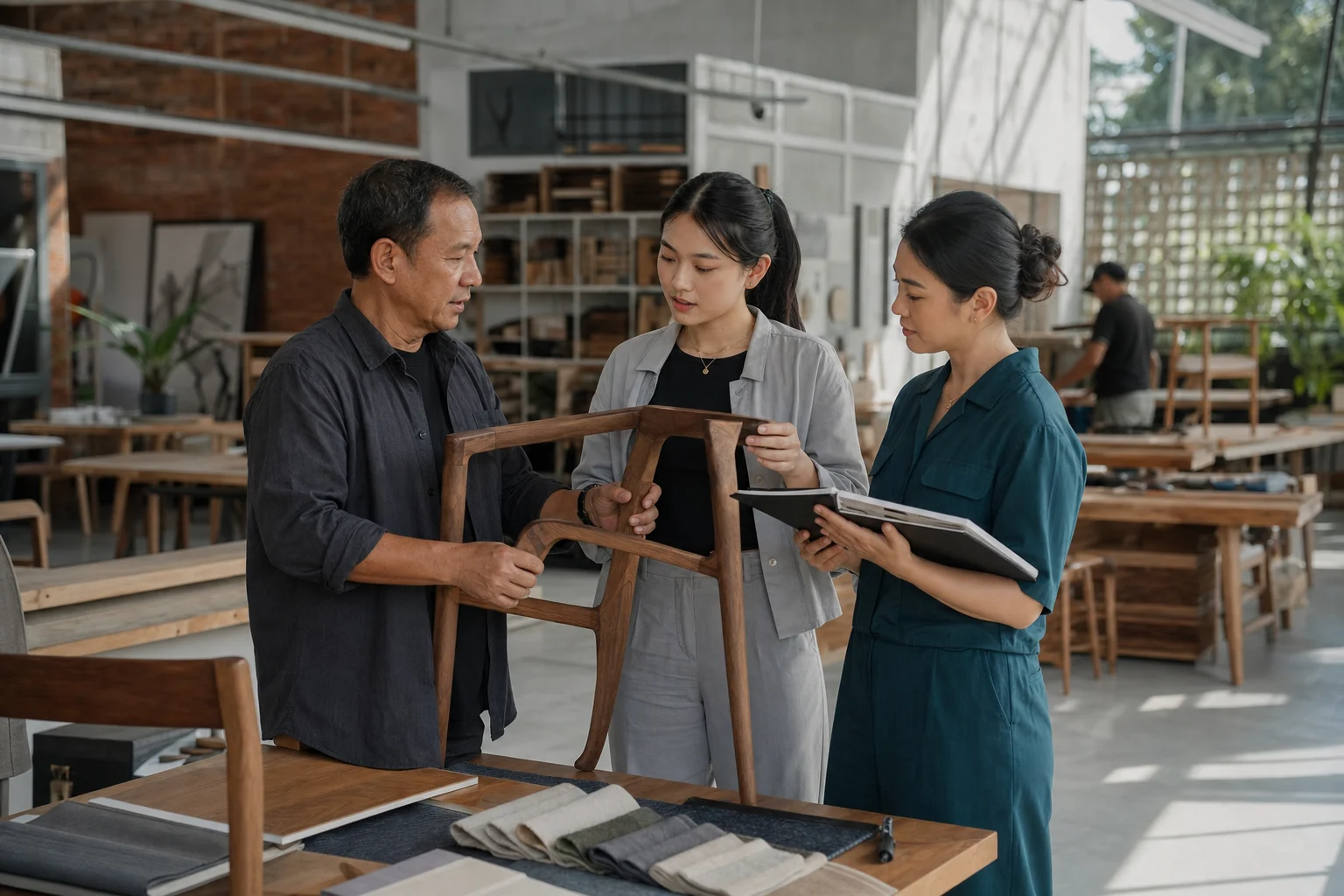 Three family-enterprise leaders inspect a furniture prototype in a workshop.