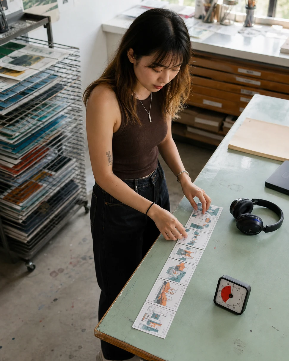 Seorang perempuan muda menyusun kartu storyboard fisik di samping headphone dan timer di meja kerja studio screen-print.