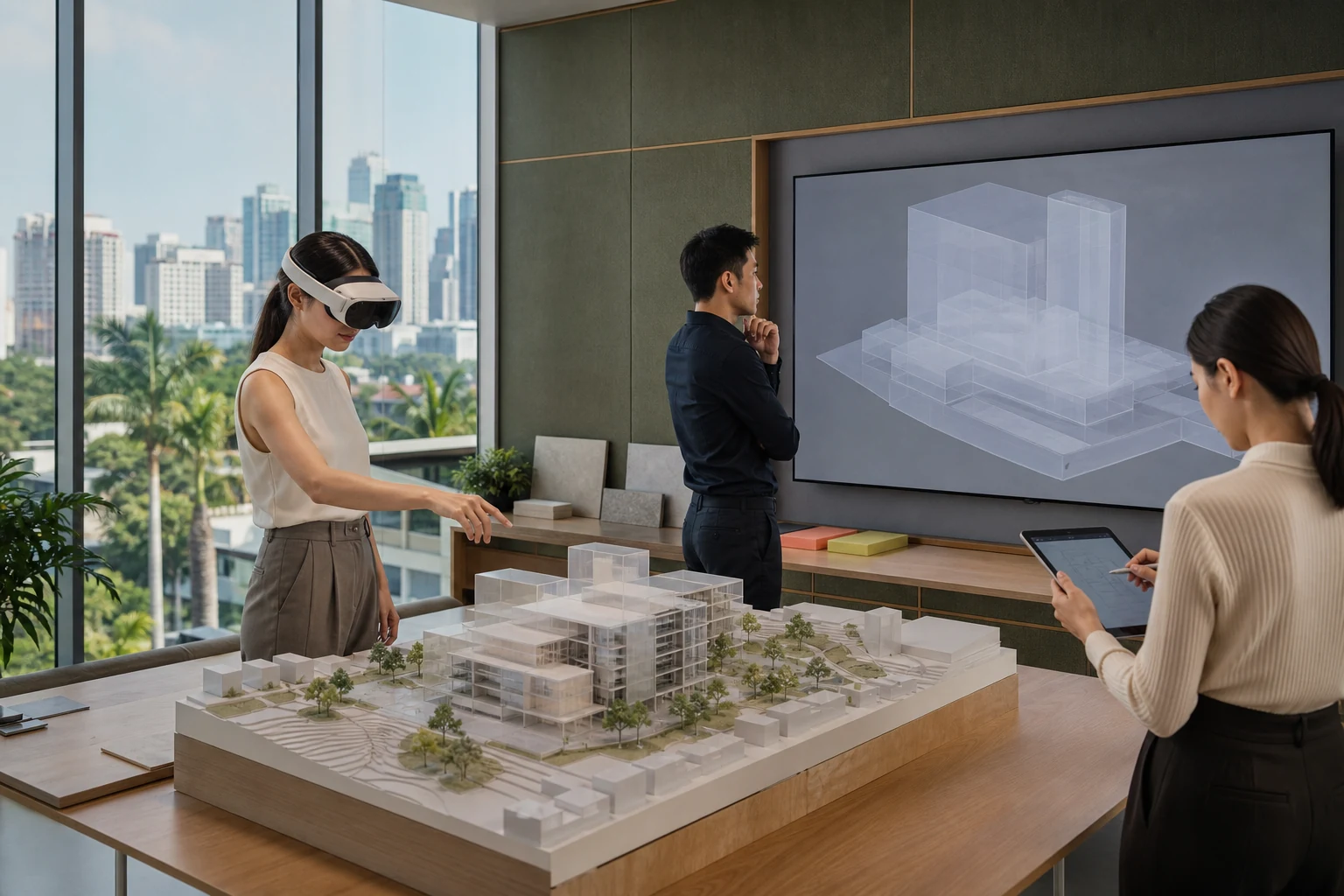 Tiga arsitek meninjau model bangunan fisik dengan headset, layar besar, dan tablet.