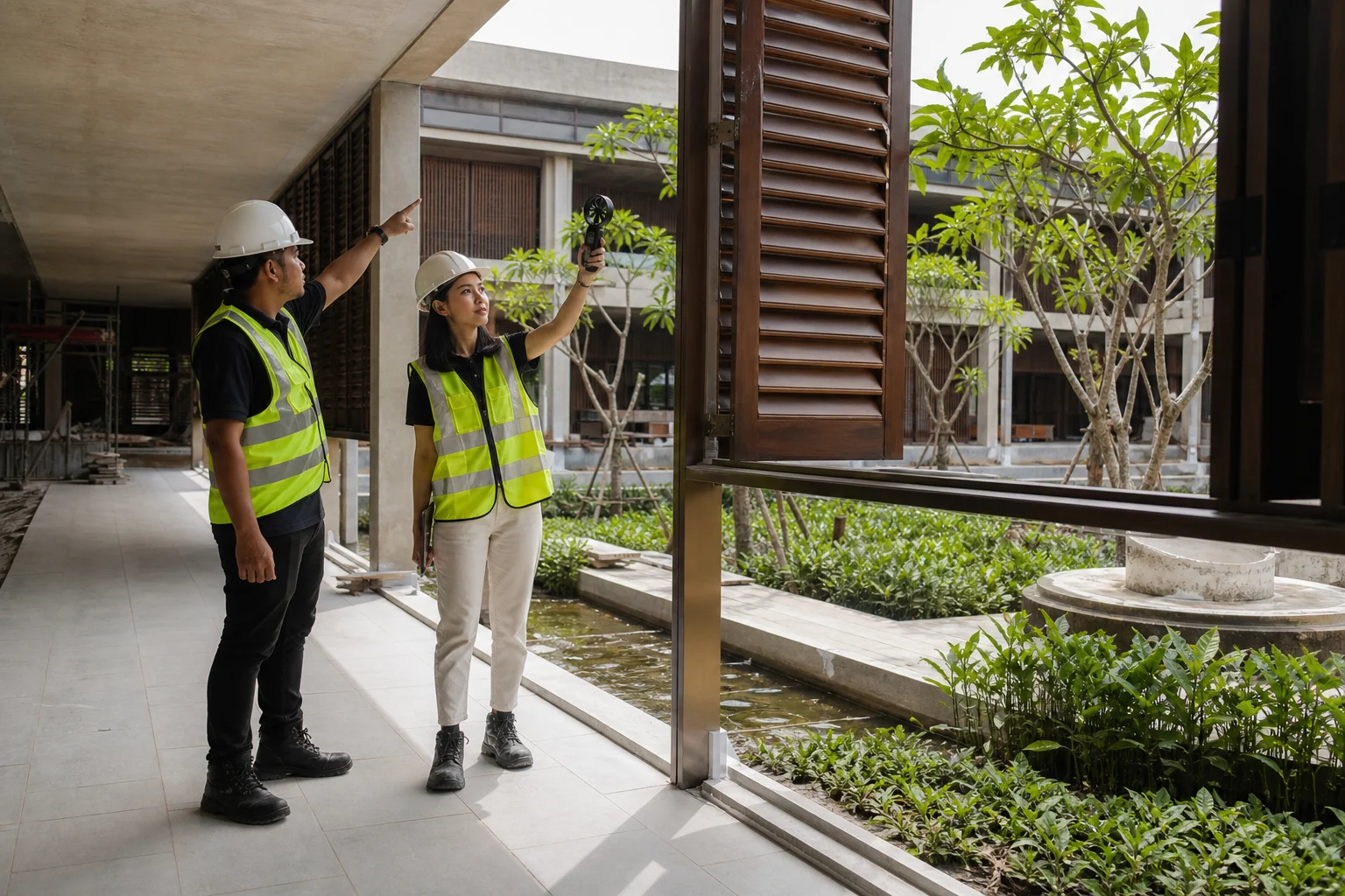 Arsitek dan insinyur lapangan mengukur aliran udara di samping kisi kayu pada halaman teduh