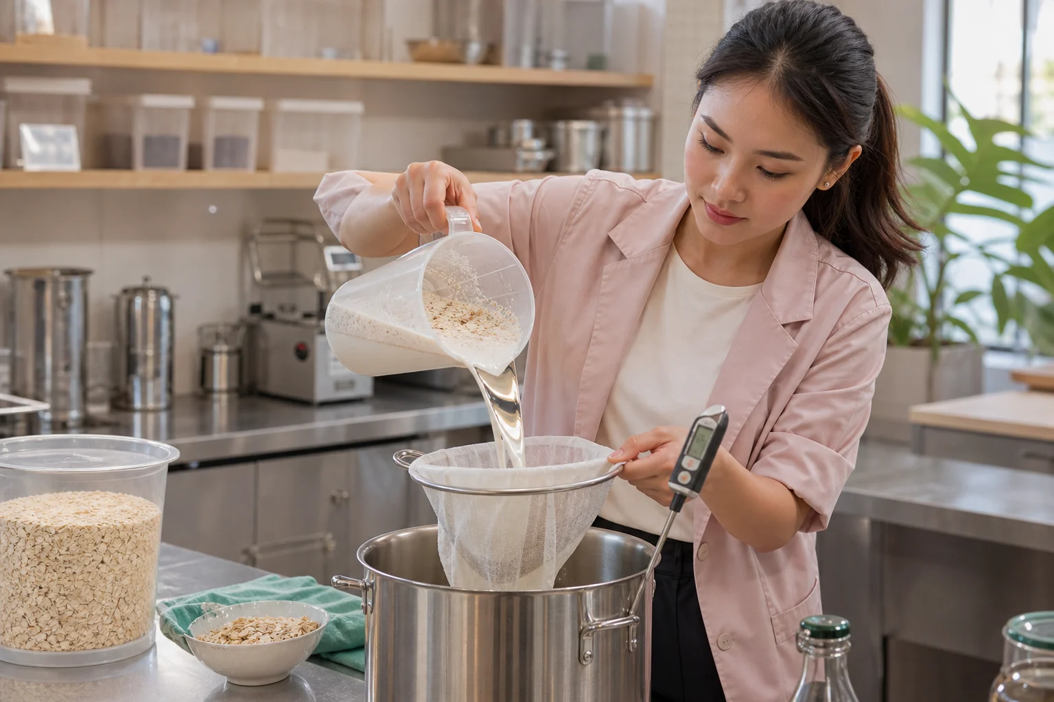 Seorang peracik minuman menyaring bahan dasar oat ke wadah baja saat sebagian pendek alirannya berubah reflektif.
