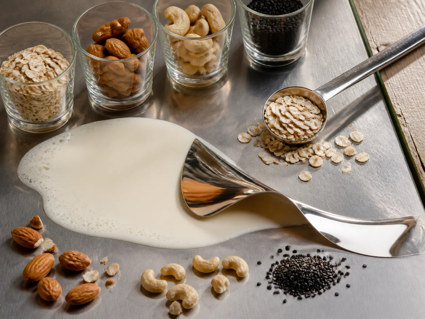 Oat, almond, kacang mete, dan wijen hitam tersusun mengelilingi lapisan minuman krem dengan satu tepi berlipat reflektif.