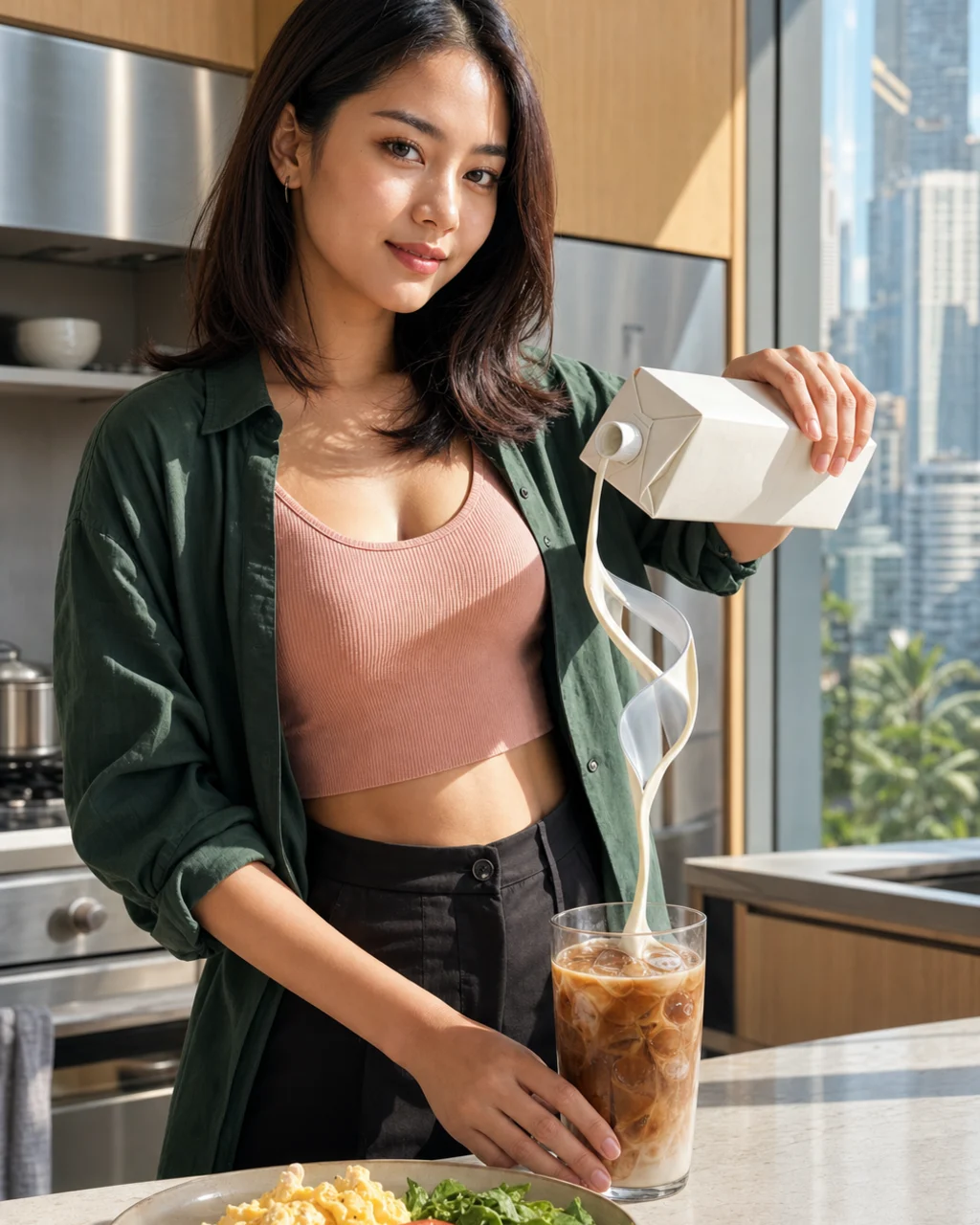 Seorang perempuan menuang minuman nabati dari karton krem ke kopi dingin saat alirannya membentuk satu lipatan reflektif.
