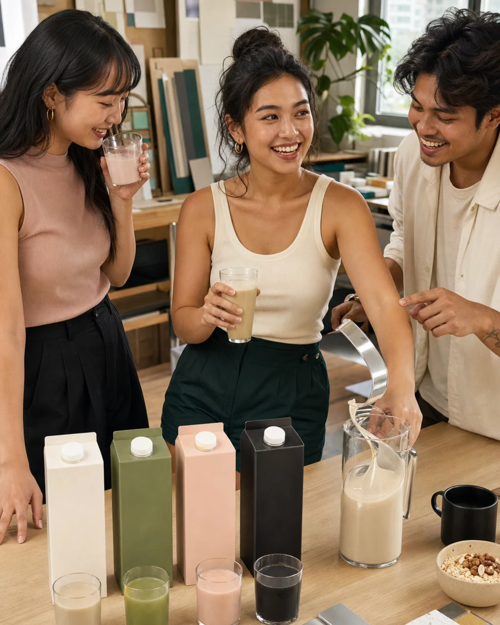 Tiga orang dewasa muda membandingkan empat minuman nabati di meja studio saat satu teko membentuk lipatan cairan reflektif.